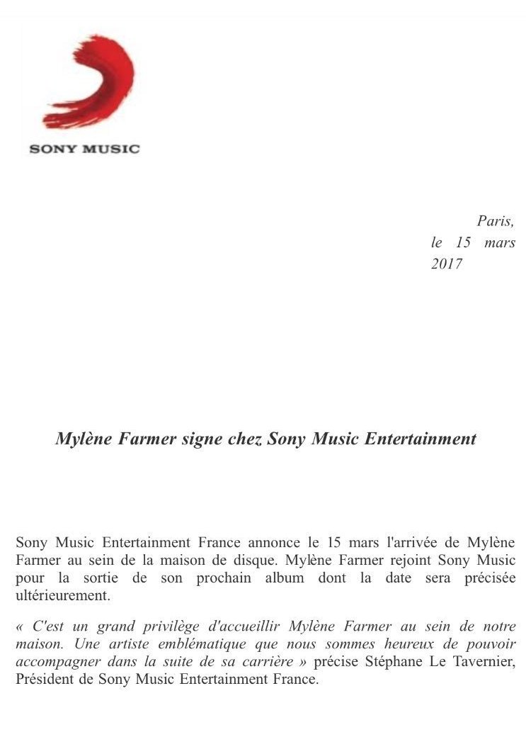 Communiqué de Sony Music 15 mars 2017