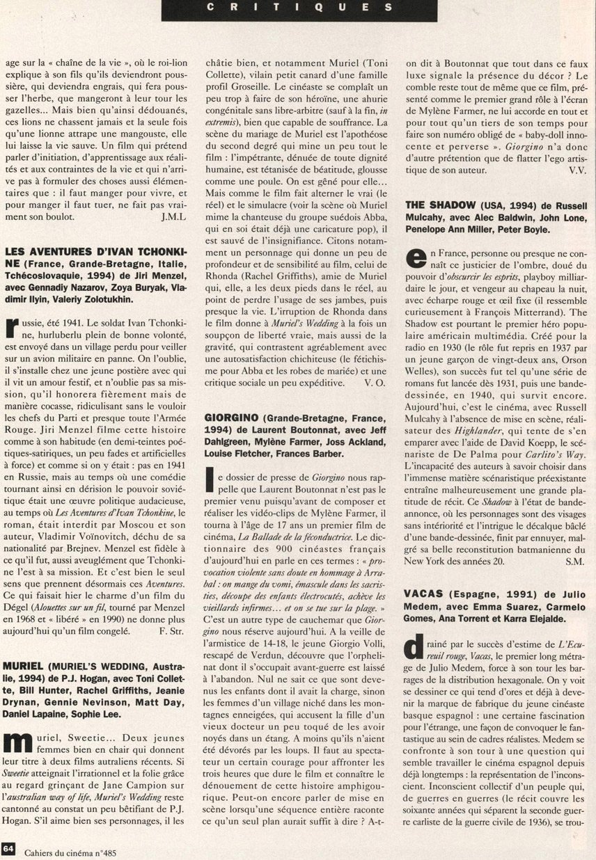 les Cahiers Du Cinéma Novembre 1994